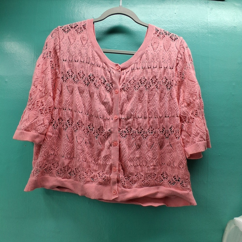 Torrid Pointelle Knit Cardigan 3 Coral Pink Crochet Lace Button Front Cropped